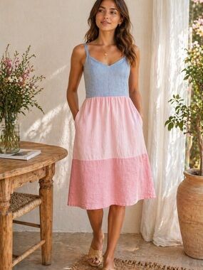 CYNTHIA ROWLEY Blue Pink Colorblock 100% Linen Fit Flare Mini Dress Sleeveless